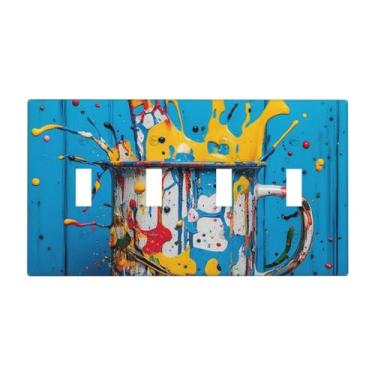 Imagem de LuHuoLu Placa decorativa para interruptor de luz, respingos de tinta colorida, prancha de madeira azul, placa de parede de 4 grupos, placa de cobertura grande para interruptor quádruplo placa frontal