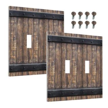 Imagem de Wmhusu Capa decorativa para interruptor de luz rústica para porta de celeiro vintage placa de madeira country 2 gangs, placa de interruptor duplo, receptáculo, tomada elétrica, placa de interruptor
