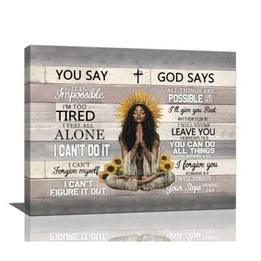 Imagem de Arte de parede afro-americana, decoração de parede com imagens de mulheres negras, impressões em tela de meninas negras, pintura Deus diz que você é cristão, arte de parede inspiradora em versículo da