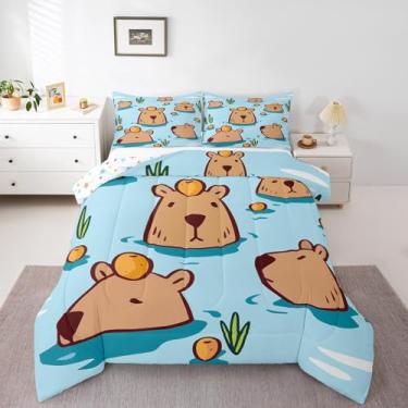 Imagem de Conjunto de edredom solteiro com desenho animado de capivara, adorável castor, com estampa de animais roedores fofos, para crianças, meninas, meninos, kawaii, natureza, safári selvagem, decoração de