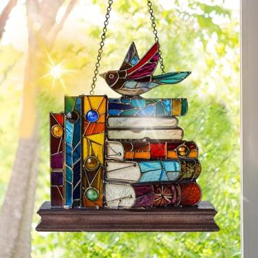 Imagem de Apanhador solar de acrílico colorido, decoração de janela para pendurar livros com design de vitral impresso, apanhador de sol, arte de parede de arco-íris, ornamentos de Natal para uso interno e