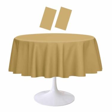 Imagem de RINDOJIN Pacote com 2 toalhas de mesa redondas douradas 213 x 213 cm, toalha de mesa descartável para chá de bebê, casamento, festa de aniversário, piquenique, toalha de mesa redonda dourada