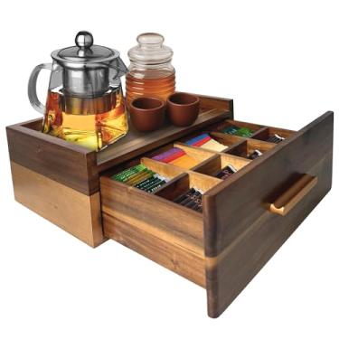 Imagem de LUSHZLUMBERA Organizador de saquinhos de chá de madeira de acácia com gaveta, caixa de armazenamento de chá de madeira para bancada, suporte para saquinhos de chá com 8 divisórias, baú de chá rústica