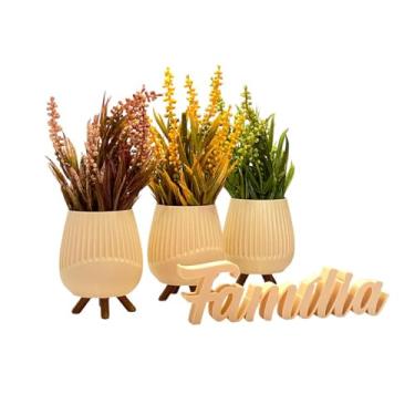 Imagem de 3 Vasos com Palavra Família Textura Ondulada Decorativo Moderna Banheiro Sala Estar Plantas Cachepot(Bege)