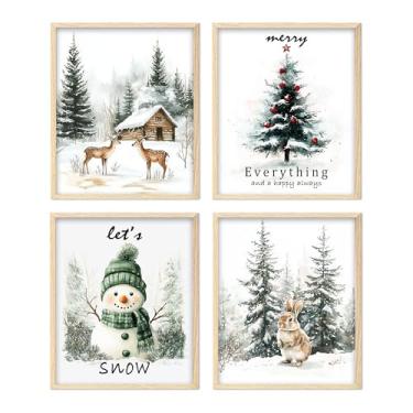 Imagem de Conjunto de 4 arte de parede de Natal vintage (28 x 35 impressões sem moldura) - pôster de arte de veado pinheiro boneco de neve coelho inverno neve natal natal decoração de parede para casa, sala de