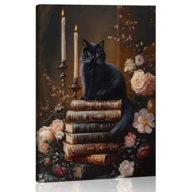 Imagem de Arte de parede emoldurada Dark Academia Moody Victorian Black Cat Wildflower Book Floral Wall Decor Painting Art Vintage Black Cat Books Wall Art Gothic Vintage Antique Aesthetics Print para decoração