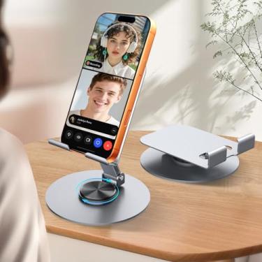 Imagem de Suporte para celular, suporte dobrável de 360° com altura e ângulo ajustável para mesa, acessórios de base de escritório totalmente de alumínio para iPhone, Samsung, smartphone, iPad, Air, tablet de 4