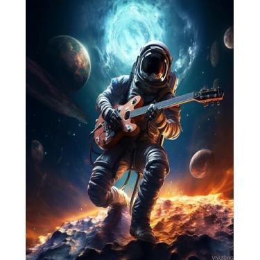 Imagem de VNUIEHG Paint by Numbers Kit de pintura em tela a óleo DIY adulto, astronauta tocando guitarra no espaço, pintura por números, decoração de parede de casa, ótimo para presente de aniversário, 40 x 50
