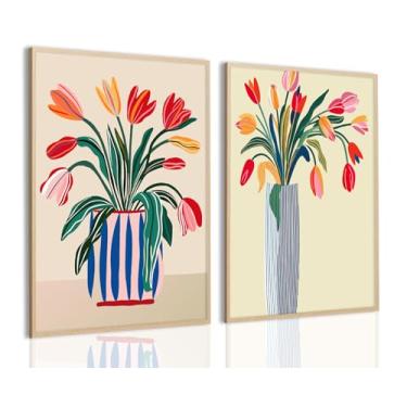 Imagem de Arte de parede tulipa rosa flor vermelha decoração de parede impressões florais modernas pôster de flores coloridas estético imagens botânicas pintura de arte para quarto feminino sala de estar 40,6 x