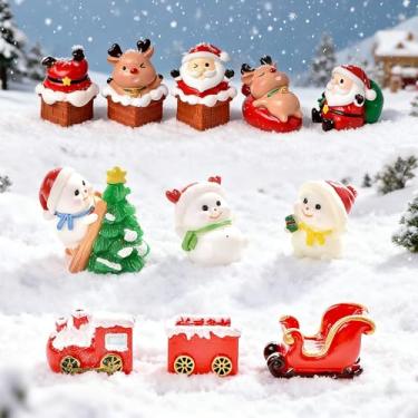 Imagem de Conjunto de 11 peças de estatuetas de Natal em miniatura, mini ornamentos de resina, boneco de neve, árvore de Natal, Snata Claus, veado para globo de neve, kit faça você mesmo, decoração de vila de