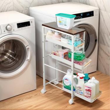 Imagem de Organizador de carrinho de rodinhas fino para lavanderia pequeno com tampo de madeira, carrinhos de armazenamento de 5 camadas com gavetas removíveis, armazenamento de banheiro estreito de metal