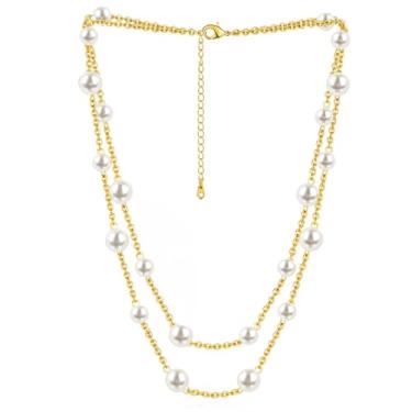 Imagem de Colar feito à mão em ouro e pérola, design de camada dupla ajustável, cobre banhado a ouro 18K, comprimento ajustável de 40 a 46, estilo vintage elegante