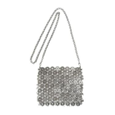 Imagem de DKQXEIM Bolsa feminina moderna de metal floral vazada com corrente transversal bolsa de ombro bolsa de mão metálica para festa noturna, Prata