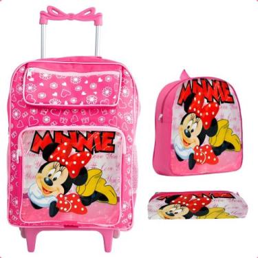 Imagem de kit Mochila Minnie Escolar Infantil Rodinha Suporte Garrafa Grande Cor