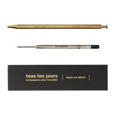 Imagem de MARK'STYLE Caneta esferográfica de latão Tous Les Jours, tinta gel preta retrátil de 0,5 mm, refil incluído, design de latão hexagonal para escrita diária, trabalho e presente - Feita no Japão - (ouro