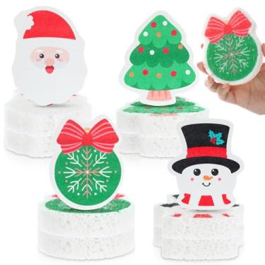 Imagem de Layhit 12 esponjas de prato de Natal fofas esponjas de cozinha sem arranhões para pia esponjas de polpa de madeira reutilizável pano de limpeza doméstica para pratos de cozinha móveis (tema de Natal)