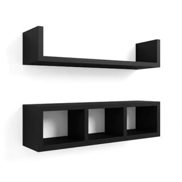 Imagem de Kit Nichos Decorativos Pretos para Parede - Prateleiras Flutuantes em MDF para Livros e Decoração