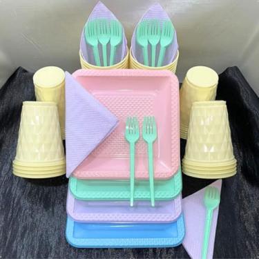 Imagem de Kit Festa Descartável 180 Itens Premium com Pratos Copos Talheres Cores Pastel para Aniversário (Sortidos Candy)