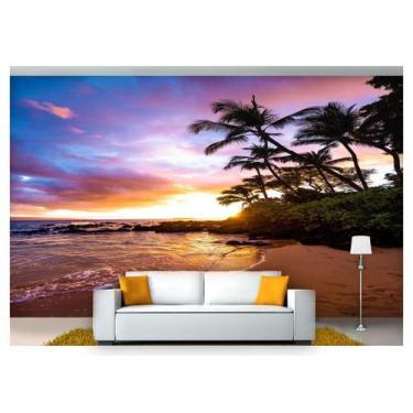 Imagem de Papel De Parede Praia Mar Por Do Sol Coqueiro Npr237 - Você Decora