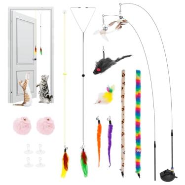 Imagem de Brinquedo para gatos com base de ventosa, varinha interativa para gatos, 12 peças, brinquedo interativo de penas, para gatos, para uso interno, gatos, exercícios, brincadeiras