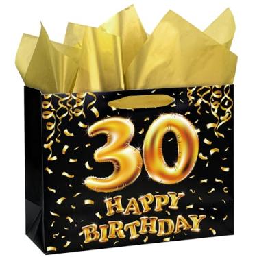 Imagem de WRAPAHOLIC Sacos de presente de 30 anos de 33 cm com papel de seda - 30 anos - Sacos de papel com design de ouro preto para festa de lembrança de aniversário
