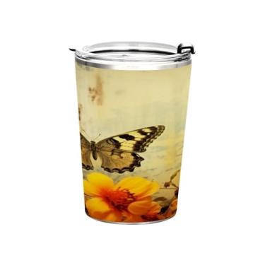 Imagem de Blueangle Copo de 340 g com tampa e canudo, copo de café com água isolada a vácuo de aço inoxidável, caneca de viagem borboleta vintage copo térmico para bebidas quentes e frias (309)