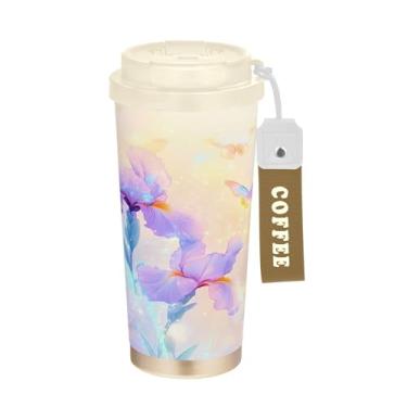 Imagem de SEHANY Caneca de viagem colorida de ervas silvestres de 500 ml Copos de café reutilizáveis revestidos de cerâmica com tampa à prova de vazamento, parede dupla, isolamento a vácuo, copo de café de aço