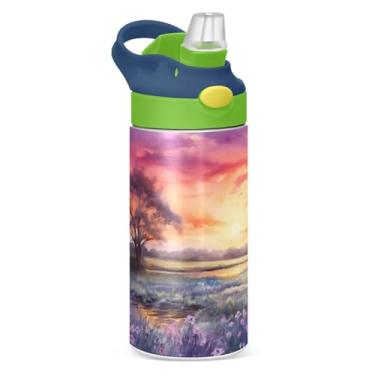Imagem de Blueangle Garrafa de água isolada de aço inoxidável de 355 ml pôr do sol em um campo roxo com tampa de canudo - Garrafa esportiva reutilizável à prova de vazamento para viagens, ao ar livre #795