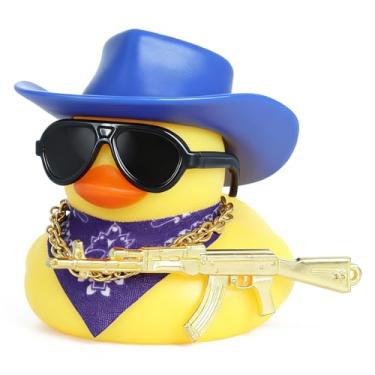 Imagem de Ornamentos de carro de pato de borracha cowboy com pistola de ouro, bandana, chapéu de caubói, óculos de sol, colar, decoração de painel de carro estridente para veículos, escritório, casa, acessórios