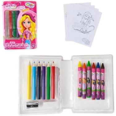 Imagem de Estojo Escolar Infantil Glam Girl, 18 Peças, 6 Lápis de Cor, 6 Gizes de Cera, 4 Desenhos para Colorir, 1 Borracha, 1 Apontador, Embalagem Plástica