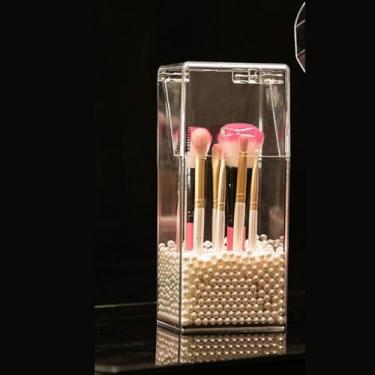 Imagem de Organizador de porta-pincéis de maquiagem, caixa de armazenamento transparente de grande capacidade para pincel de maquiagem, lápis de sobrancelha, ferramentas cosméticas com tampa flip, para quarto