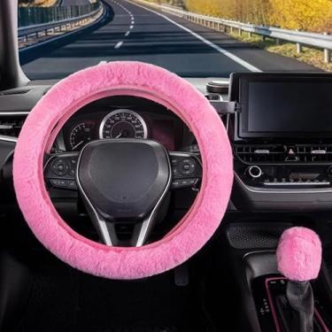 Imagem de Conjunto de 2 peças de capa de volante de carro peludo com capa fofa para mudança de marcha, macia, quente, antiderrapante, decoração de carro para mulheres e meninas (rosa)