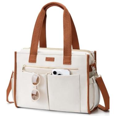 Imagem de Bolsa de lona para mulheres, bolsa transversal grande com 15 bolsos, bolsa bíblica para laptop com zíper para professores, trabalho, viagem, faculdade, G3. branco e marrom, Large-15.6inch, Tendência