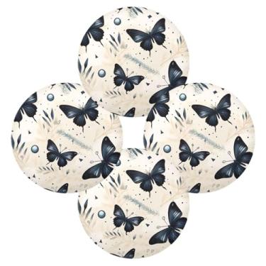 Imagem de Wassud Jogo americano conjunto de 4 tapetes redondos de borboletas pretas para cozinha e jantar tapetes laváveis decoração de mesa 39 cm