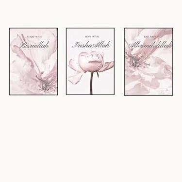 Imagem de Pintura em tela rosa islâmica, muçulmana, arte de parede, pôster impresso sala de estar quarto ecor, pinturas modernas para decoração de casa 50 x 71 cm/3 peças sem moldura