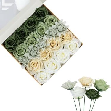 Imagem de FANKO Combo de flores artificiais de rosas falsas, 5 buquê de flores de seda mistas de rosas verdes escuras e claras, dália cinza claro para buquês de noiva de casamento faça você mesmo/centros de