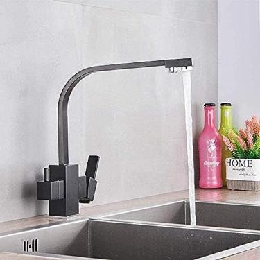 Imagem de Torneira de latão fosco preto cromado torneira de cozinha filtro torneira de pia dupla 360 ° torneira de cozinha giratória montada no deck com água filtrada
