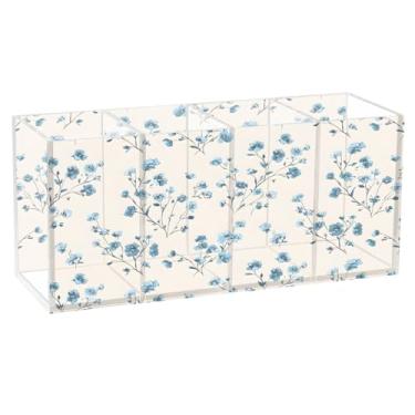 Imagem de CEBUGI Porta-canetas de acrílico com 4 compartimentos, organizador de lápis transparente, porta-pincéis de maquiagem com flor azul pequena para armazenamento em casa e escritório