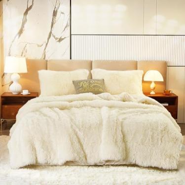Imagem de Conjunto de edredom felpudo de pelúcia com 3 peças, tamanho queen, luxuoso de pele sintética, ultramacio, quente, para o inverno (1 edredom + 2 fronhas, branco creme)