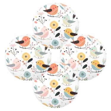 Imagem de Wassud Jogo americano conjunto de 4 tapetes de mesa redondos fofos de pássaros de desenho animado para cozinha e jantar tapetes laváveis resistentes ao calor decoração de mesa 39 cm