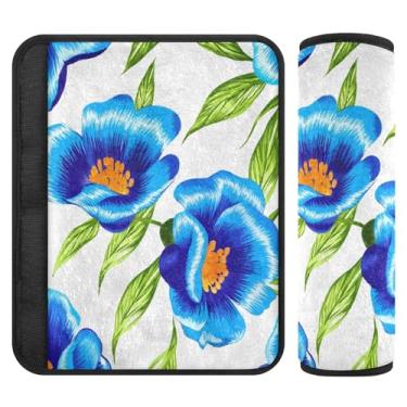 Imagem de Burbuja Capa para cinto de segurança de carro Blue Flowers Protetor de cinto de segurança de carro macio confortável para alça de ombro de assento, 1 par pequeno