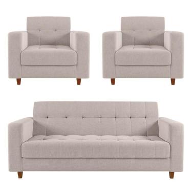 Imagem de Sofá 2 Lugares E 2 Poltronas Pé Madeira Castanho Arezo Linho D01 - D`rossi A19 Bege