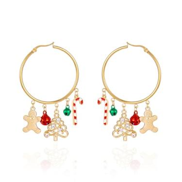 Imagem de Brincos de árvore de Natal com sino de homem de gengibre colorido esmaltado, vermelho, verde, chapéu de caubói, bota, brincos pendurados, tema natalino, strass delicado, argola colorida para mulheres