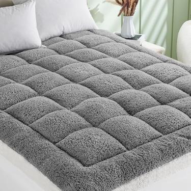 Imagem de Cymula Capa de colchão tamanho casal, almofada de lã de ovelha macia para dorminhoco de dor nas costas, capa de colchão de pelúcia extra grossa, protetor de futon com bolso profundo de 20 a 53 cm