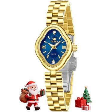 Imagem de OLEVS Relógio feminino elegante dourado luxuoso de aço inoxidável à prova d'água luminoso, L5666: pulseira dourada e mostrador azul, Presente de festa clássico casual de luxo
