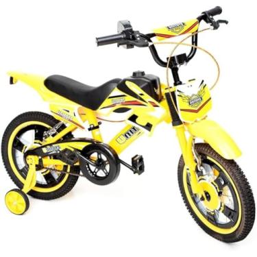 Imagem de Bicicleta Infantil Aro 16 Motocross com Rodinhas Laterais Amarela - Bike Cross Criança com Rodas de Apoio para Aprender a Pedalar com Segurança