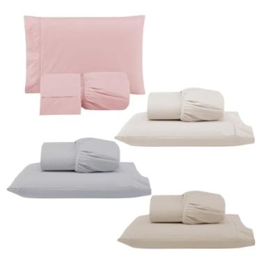 Imagem de Kit 4 Jogos de Lençol com Elástico e Fronha Bordada em Ponto Palito, 1 Casal Padrão 188x138x30cm e 3 Solteiros 138x88x30cm (4 Jogos Versat(Casal:Rosê e Solteiros:Cinza/Palha/Cáqui))