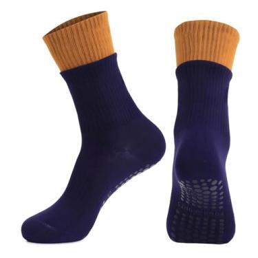 Imagem de Meias de ioga longas antiderrapantes para mulheres com aderência nos dedos – Meias antiderrapantes de pilates, barra, dança e ioga, Azul escuro, One Size