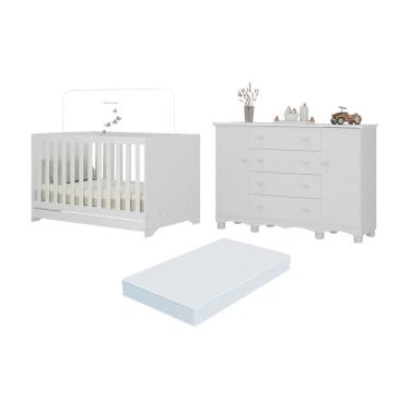 Imagem de Berço Americano 3 Em 1 Com Colchão Incluso E Cômoda 2 Portas 4 Gavetas Dengo Multimóveis MP4706 Branco