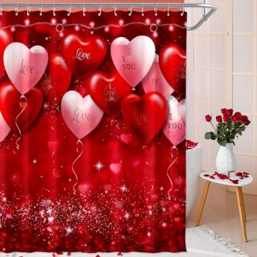 Imagem de Decoração de cortina de chuveiro para o dia dos namorados, 182 x 182 cm, romântico, vermelho, rosa, coração, balões de coração, cortina de tecido impermeável com ganchos para decoração de casa de